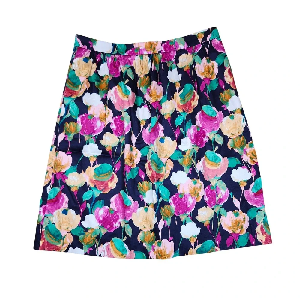 J.Crew Skirt Floral Pink Green Navy Cotton Stretch‎ A-Line 10